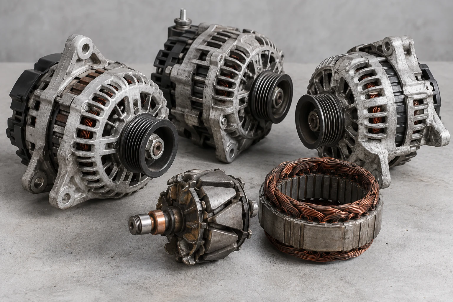 Illustration of automotive alternators and disassembled electrical components