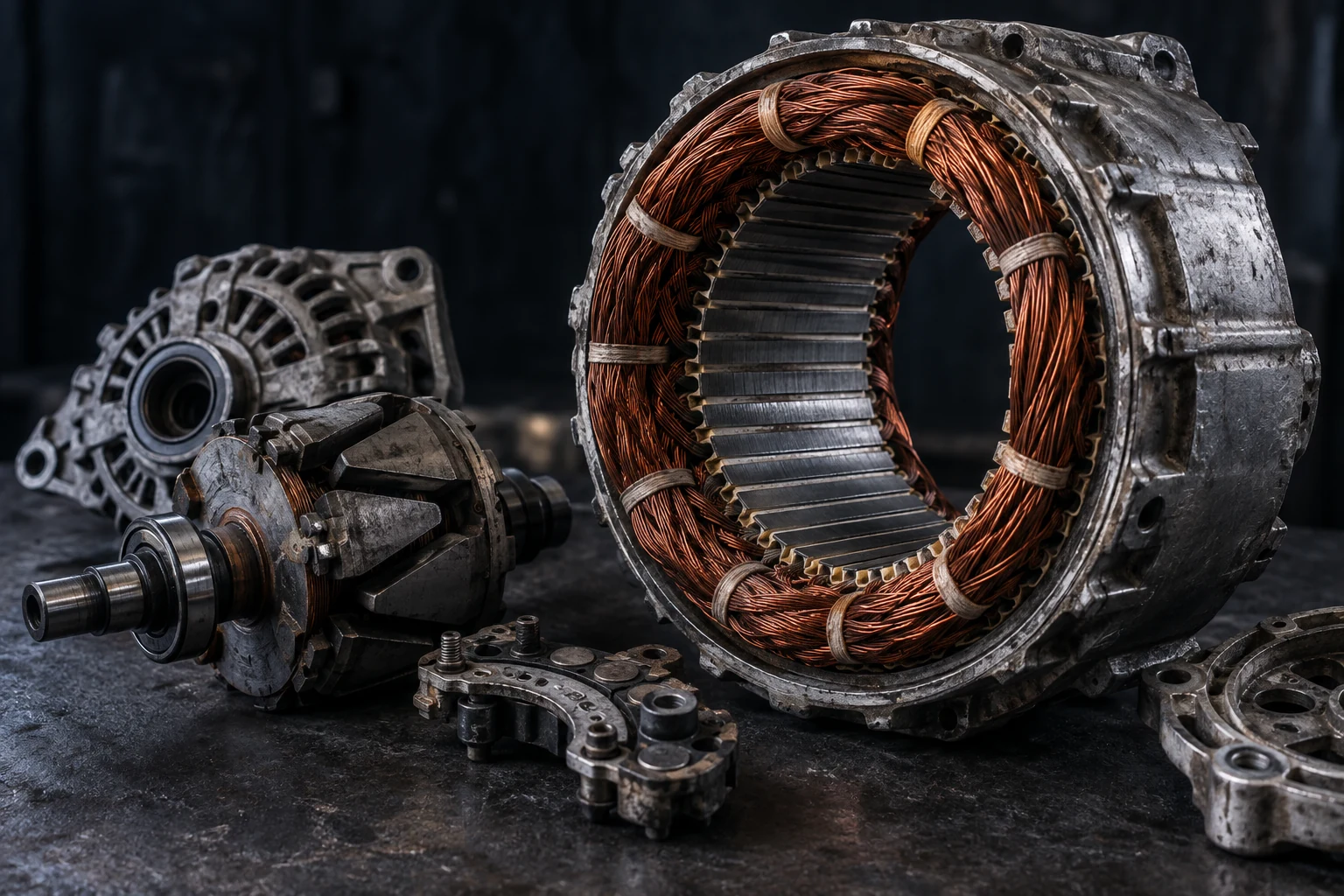 Illustrative close-up of copper windings, an electric motor housing, and rotor components