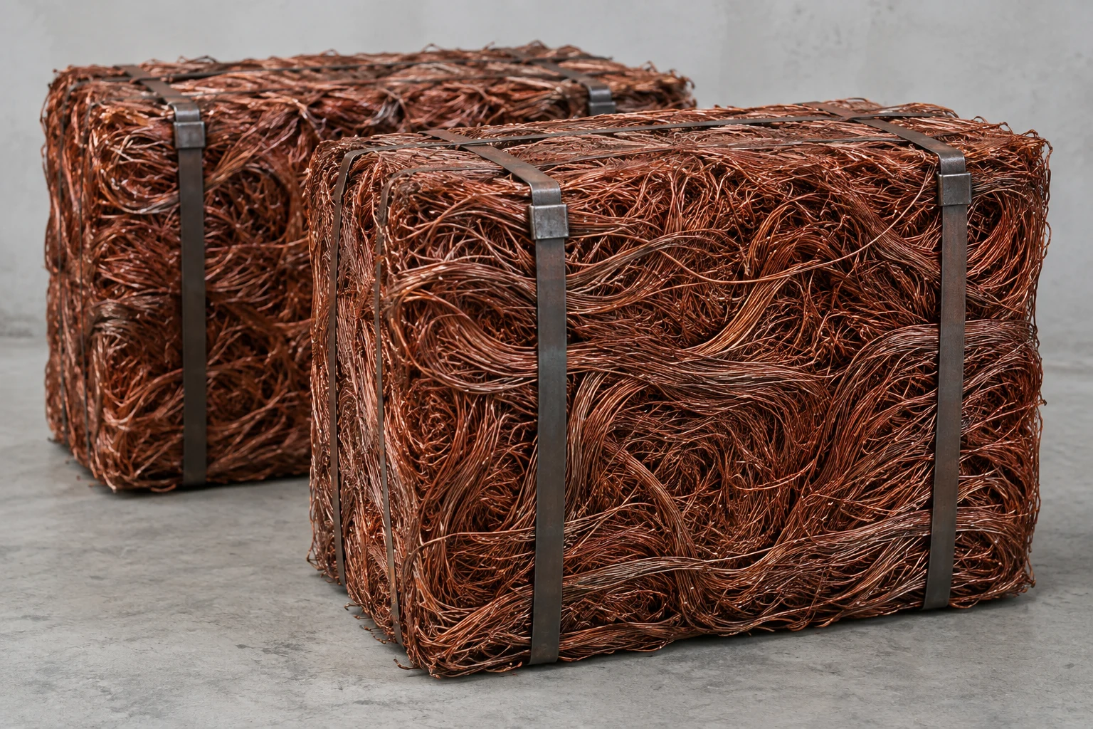 Illustration of compressed bales of lacquered copper winding wire secured with steel straps