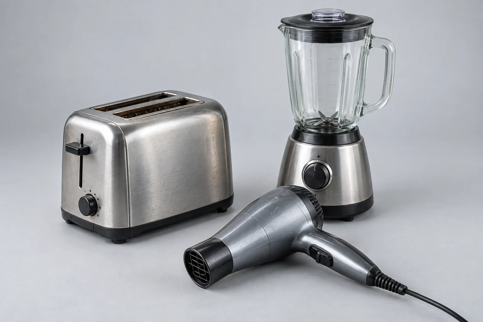 Illustration of a toaster, hair dryer, and blender together