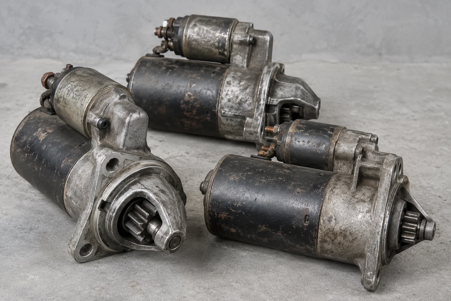 Illustration of starter motors with solenoids and pinion gears
